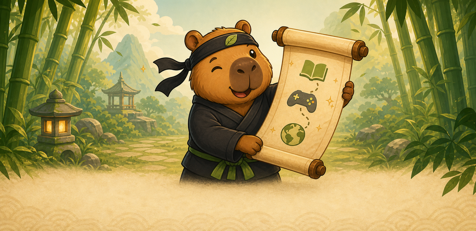CourseNinja capybara guide holding a learning adventure map